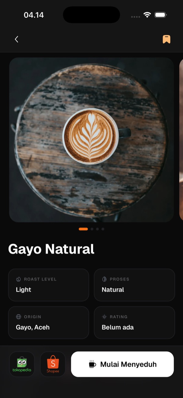 Halaman bean Seduh menampilkan Gayo Natural dengan roast level, proses, origin, dan link marketplace