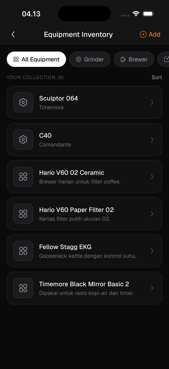 Equipment inventory Seduh berisi grinder, brewer, dan alat dengan preset klik masing-masing