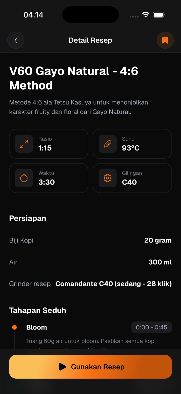 Halaman detail resep Seduh menampilkan rasio, suhu, waktu, dan tahapan seduh