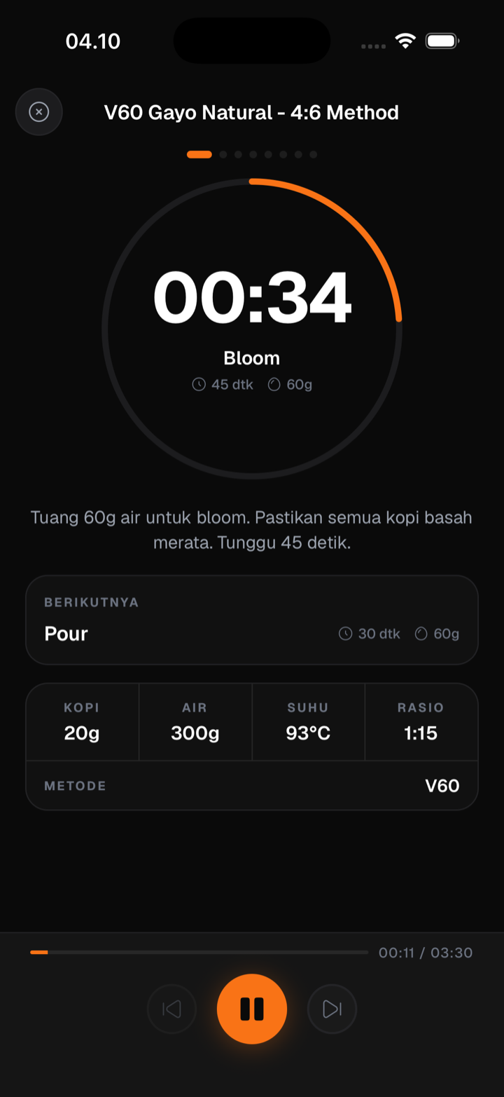 Layar brew timer Seduh menampilkan resep V60 Gayo Natural 4:6 dengan hitung mundur fase Bloom
